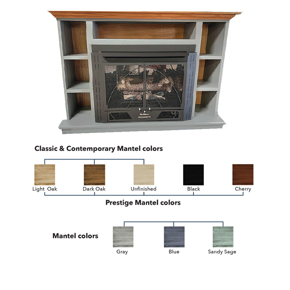 Buck Stove PAKDM34FHPR-SAGE-LO Sage Prestige Bookcase Mantel for Models 34ZC 384(60.625"Wx39.5"Hx18.625"D) w/ Light Oak Top
