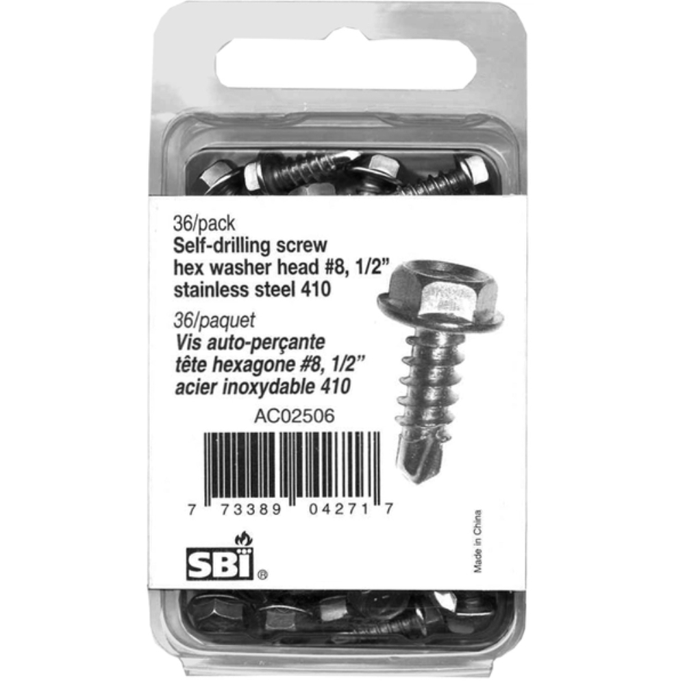 Drolet AC02506 Self-Tapping Stainless Screw Hex Washer Head #8 X 1/2" (36/Pack)