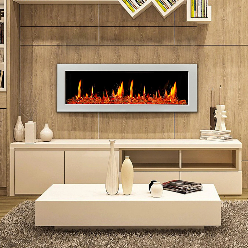 Litedeer Homes ZEF58VCW Gloria II 58" Seamless Push-in Electric Fireplace with Crushed Ice Rocks