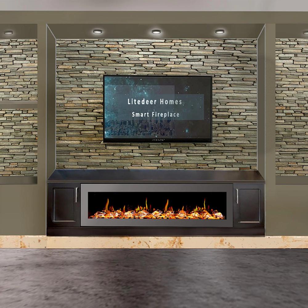 Litedeer Homes ZEF68XCW Gloria II 68" Seamless Push-in Electric Fireplace with Crushed Ice Rocks