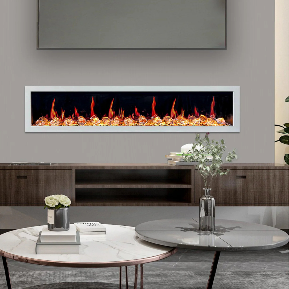 Litedeer Homes ZEF78VCW Gloria II 78" Seamless Push-in Electric Fireplace with Crushed Ice Rocks